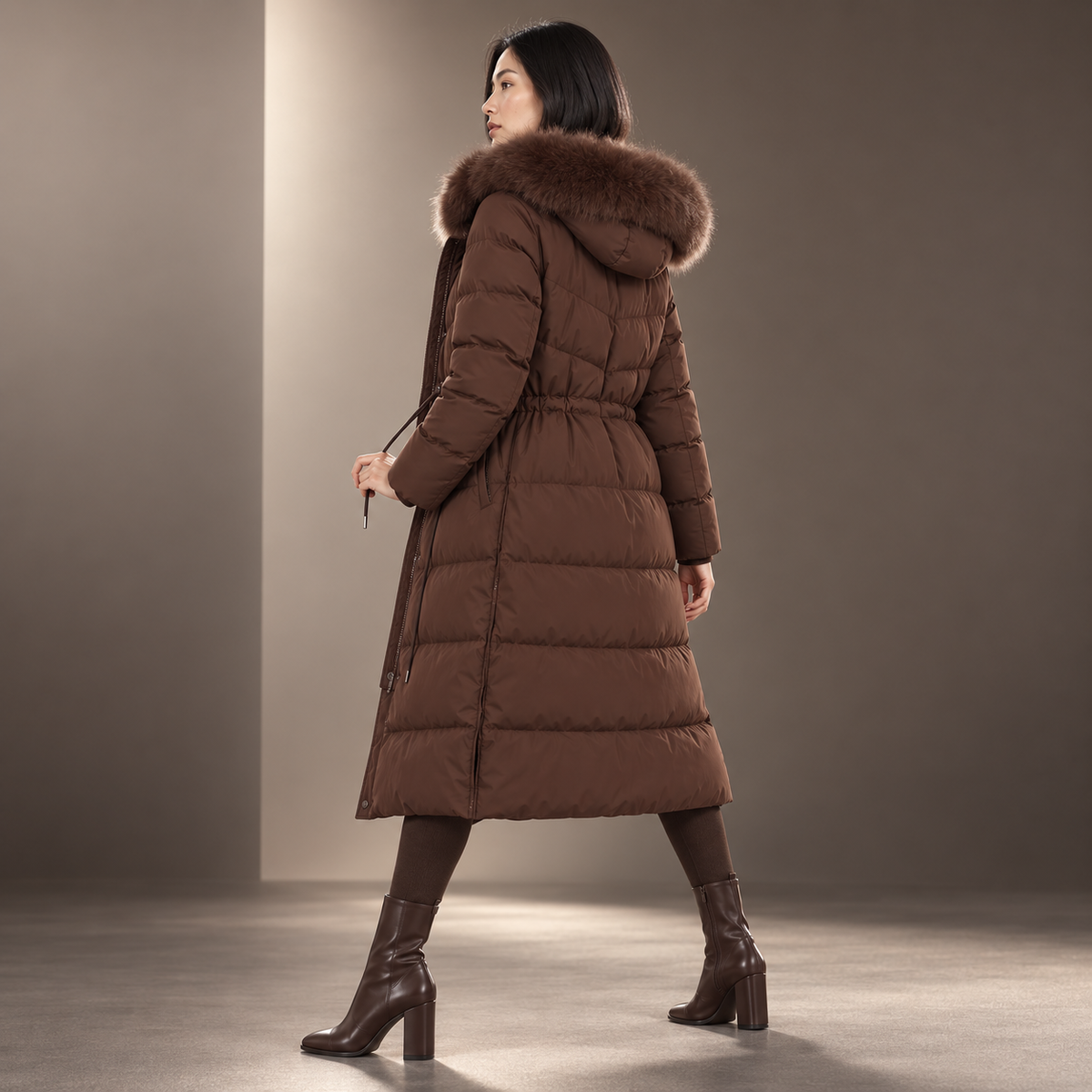 Celestine | Elegant Brown Puffer Coat for Women with Longline Shape & Faux-Fur Hood