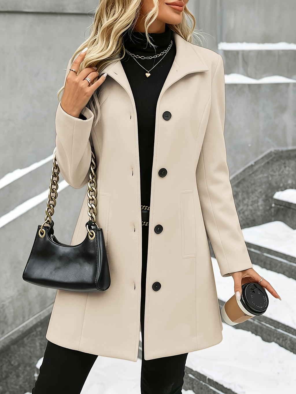 Fashion Women'S Elegant Tweed Coat Trendy Slim Solid Color Stand-Up Collar Tweed Overcoat