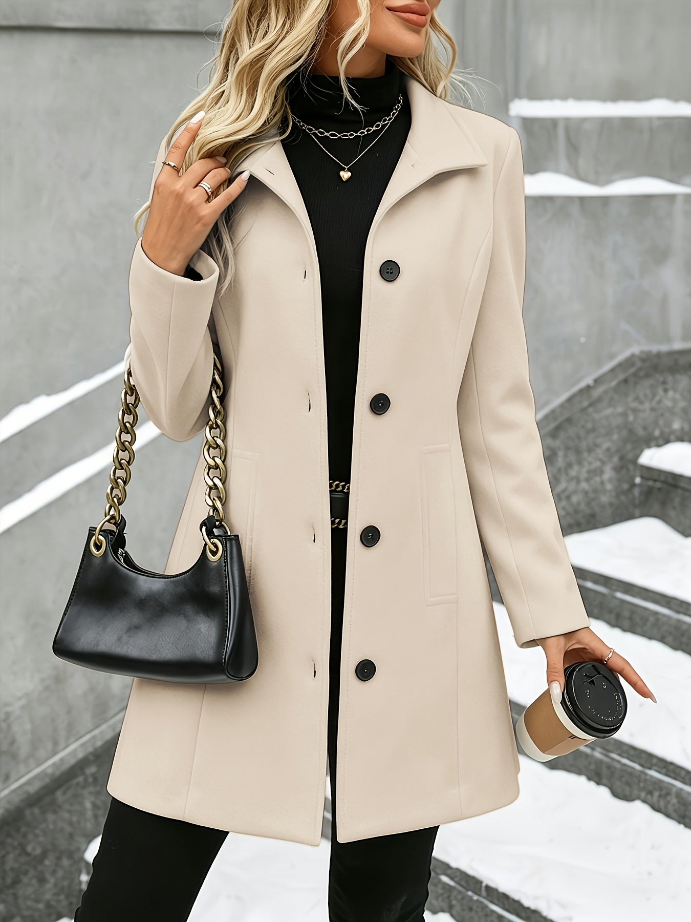 Fashion Women'S Elegant Tweed Coat Trendy Slim Solid Color Stand-Up Collar Tweed Overcoat