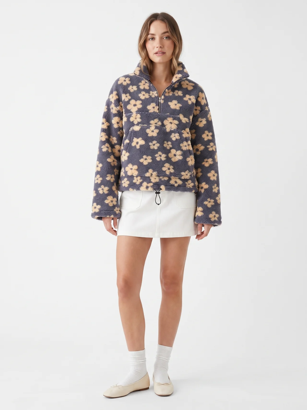 Cressida | Floral Fleece Half Zip Pullover, Oversized Winter Sweater