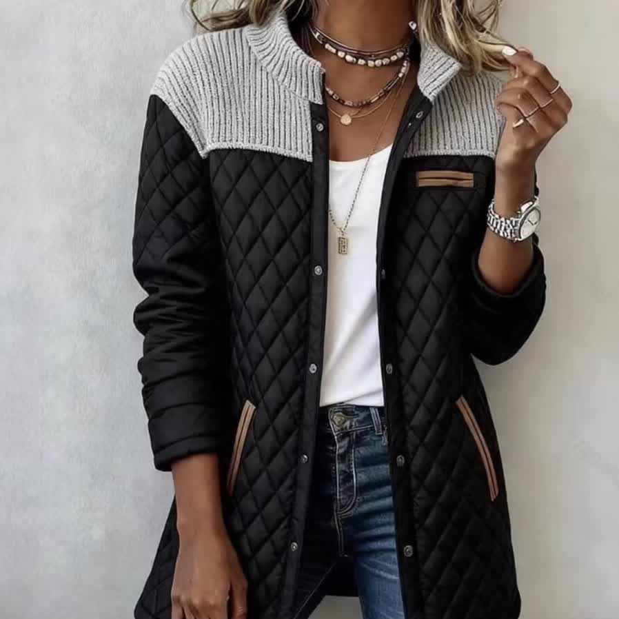 2026 Fall Winter Women'S Black Coat with Spliced Round Neck, Long Sleeves, Pockets, Loose Fit, And Diamond Quilted Padding