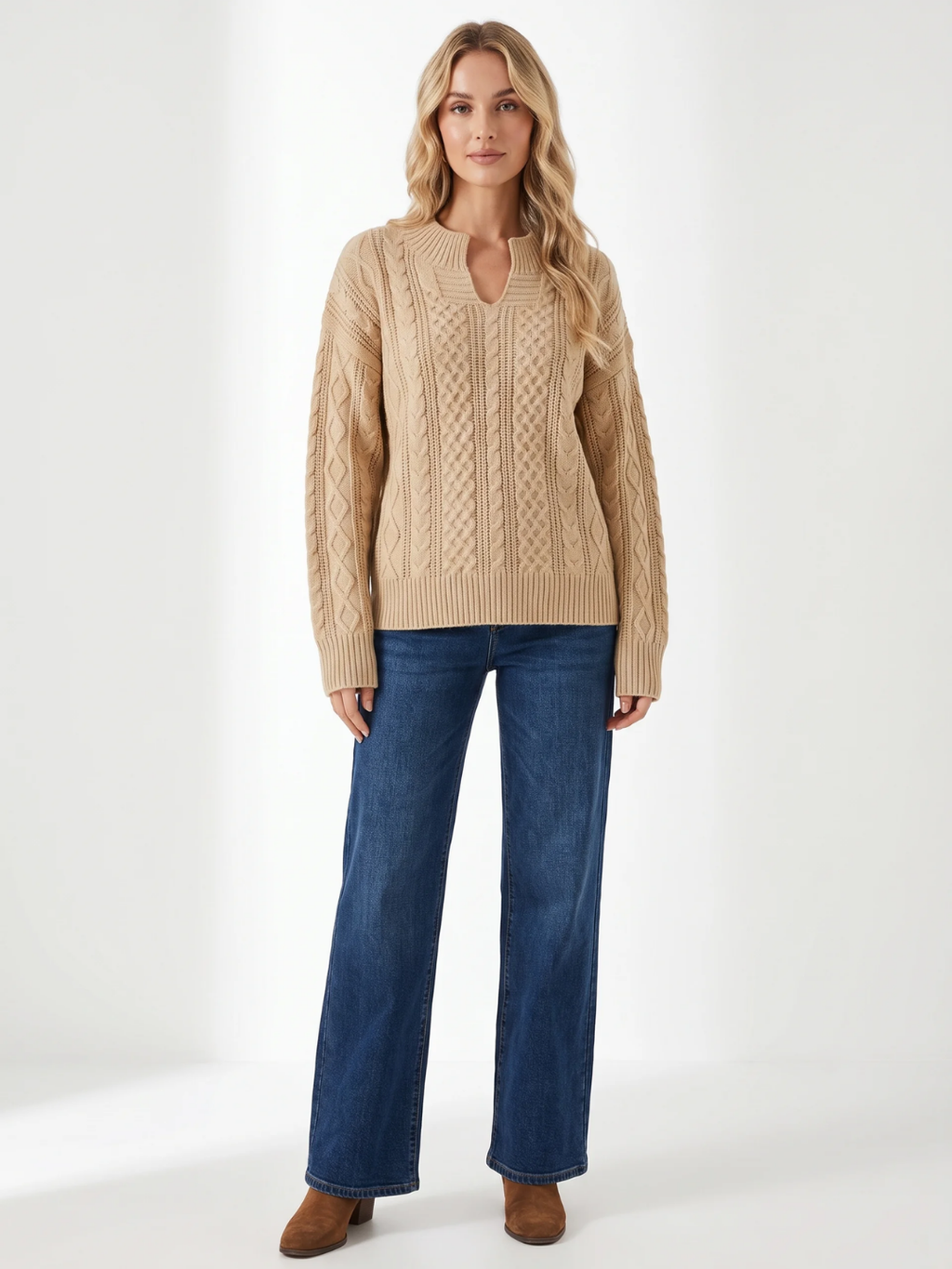 Matilda | Cable Knit Notch Neck Jumper, Loose Fit Winter Sweater