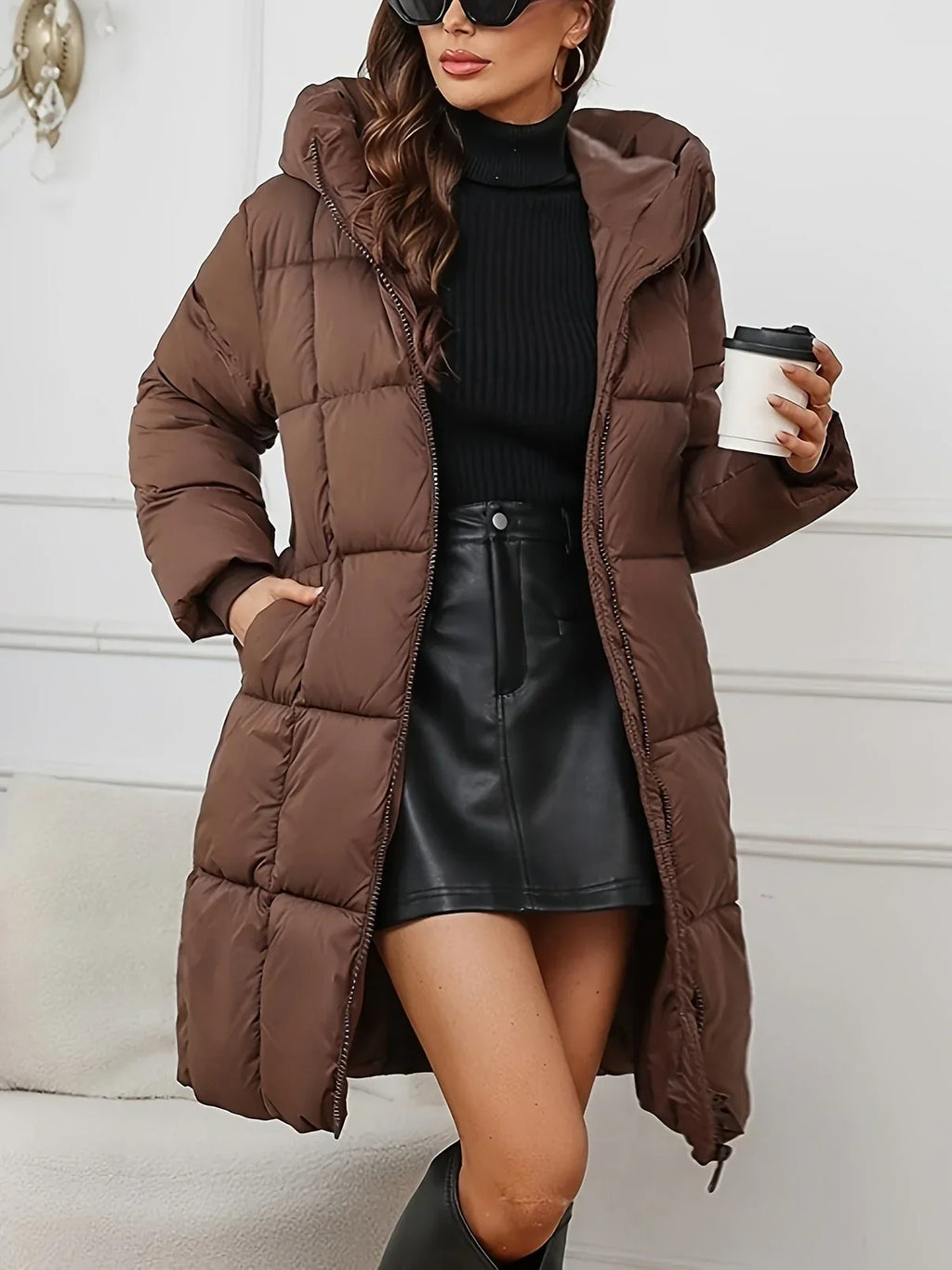 Women's Hooded Long Puffer Coat with Quilted Panels