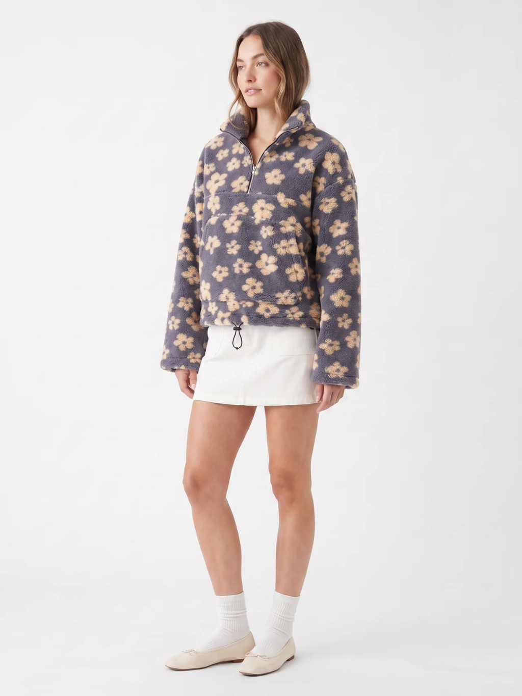 Cressida | Floral Fleece Half Zip Pullover, Oversized Winter Sweater