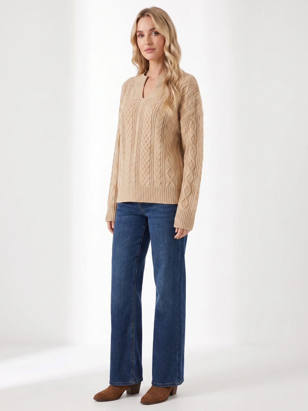 Matilda | Cable Knit Notch Neck Jumper, Loose Fit Winter Sweater