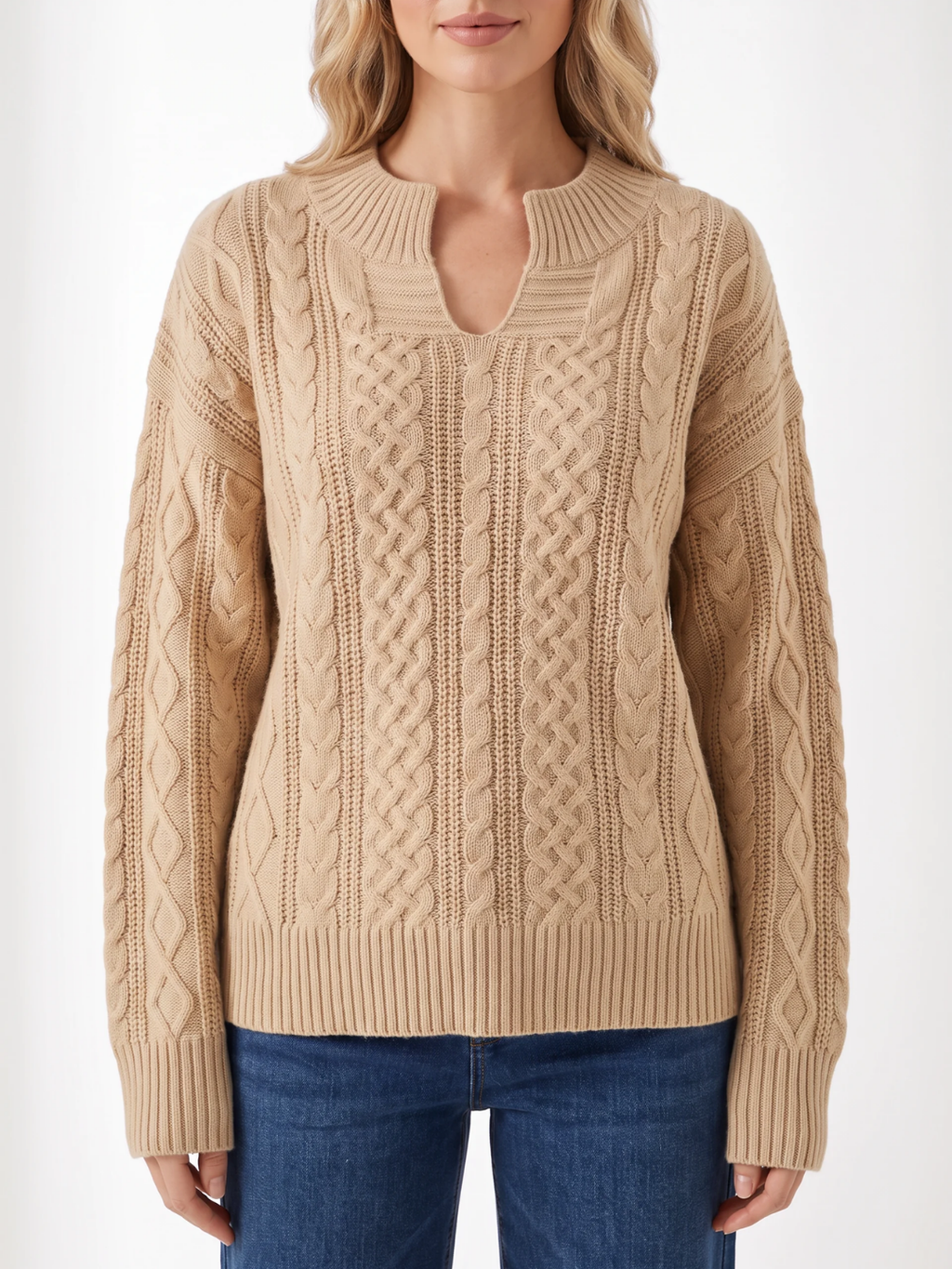 Matilda | Cable Knit Notch Neck Jumper, Loose Fit Winter Sweater