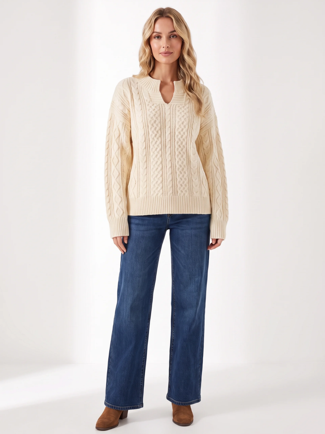 Matilda | Cable Knit Notch Neck Jumper, Loose Fit Winter Sweater