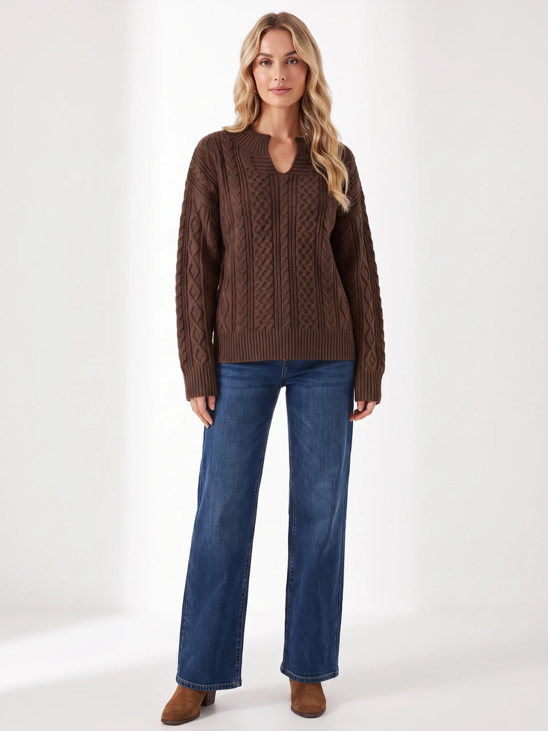 Matilda | Cable Knit Notch Neck Jumper, Loose Fit Winter Sweater
