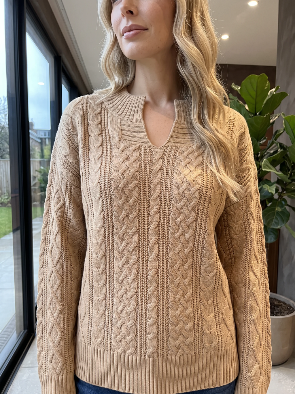 Matilda | Cable Knit Notch Neck Jumper, Loose Fit Winter Sweater
