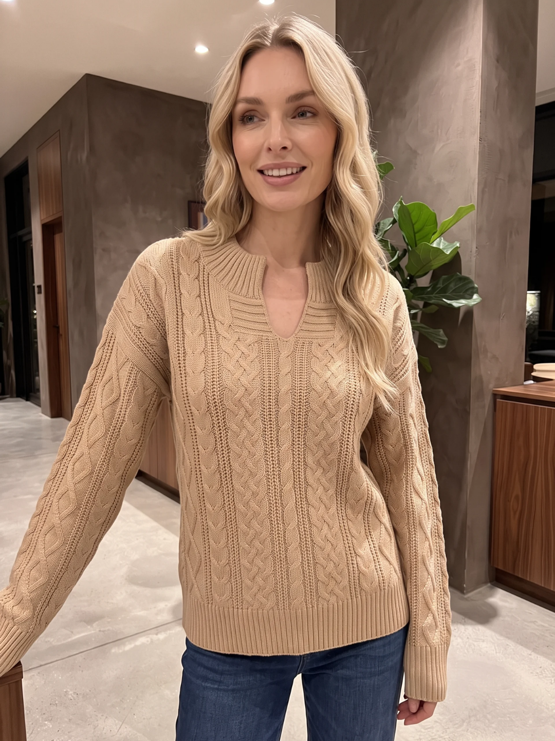 Matilda | Cable Knit Notch Neck Jumper, Loose Fit Winter Sweater