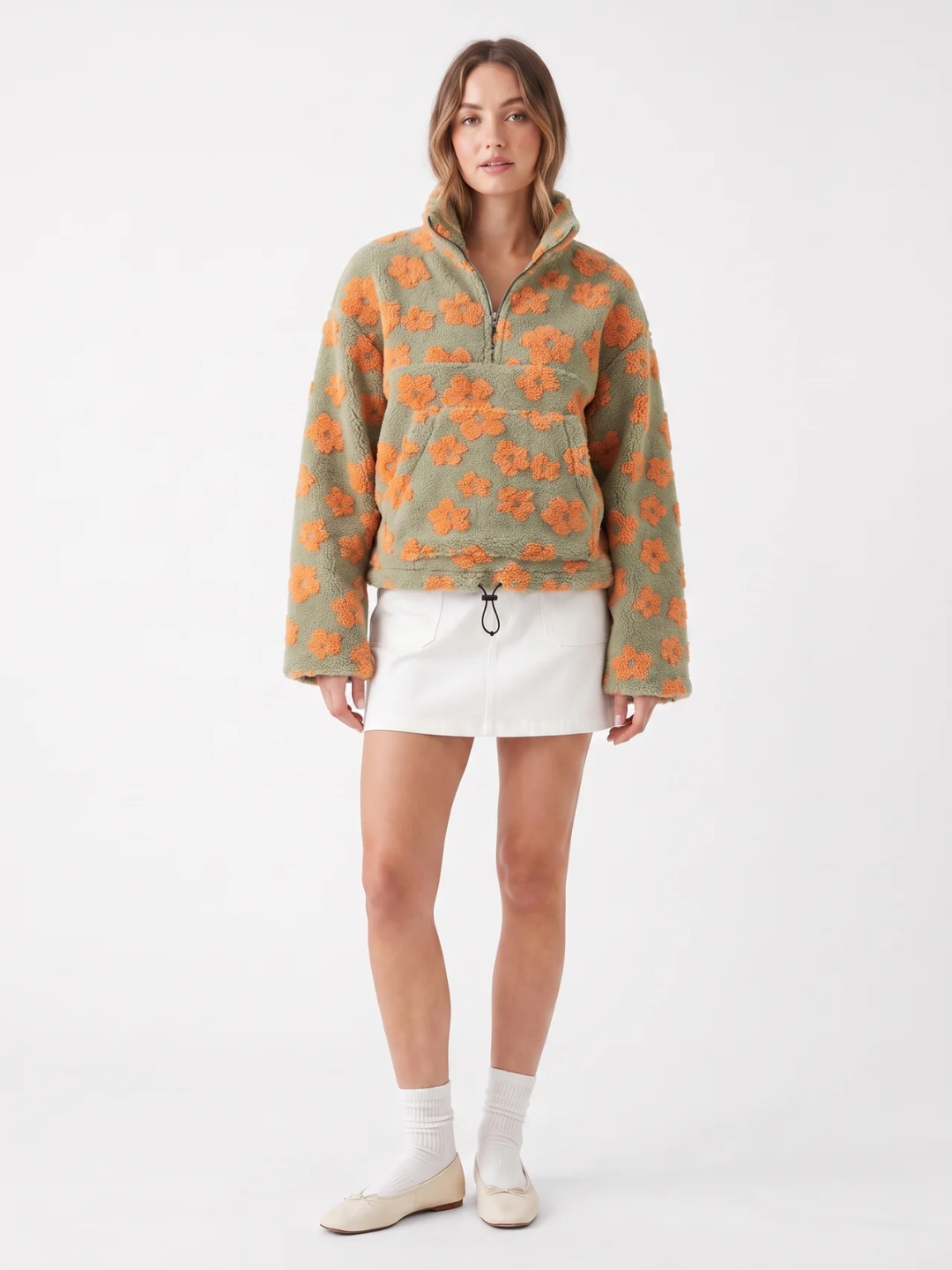 Cressida | Floral Fleece Half Zip Pullover, Oversized Winter Sweater