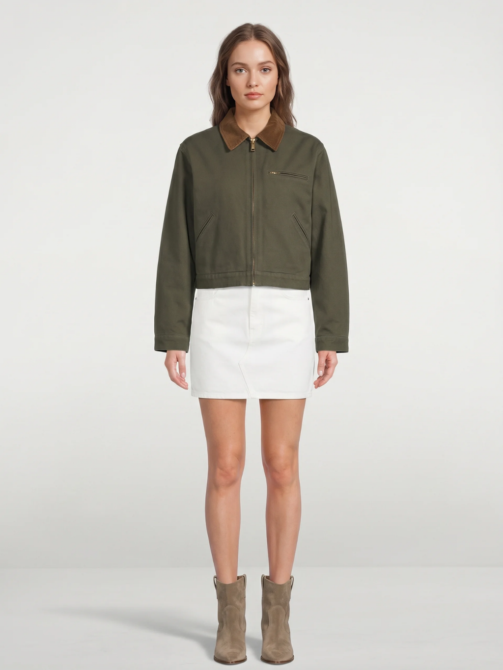 Sophia | Cropped Utility Jacket, Contrast Collar Zip-Up Autumn Coat