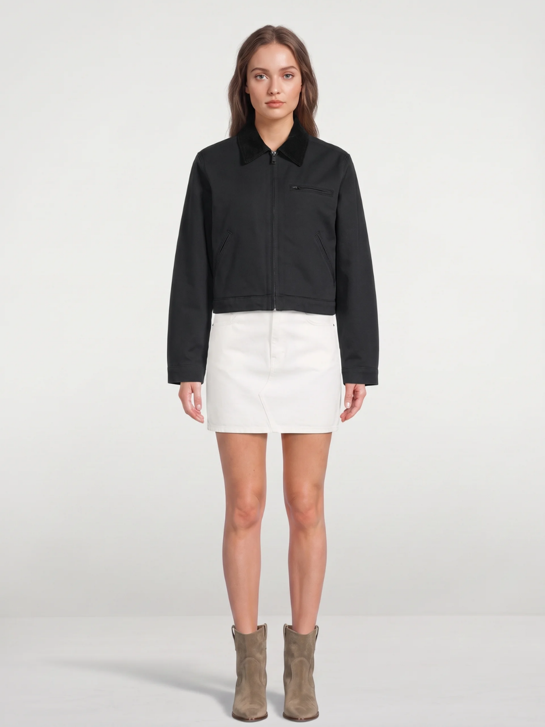 Sophia | Cropped Utility Jacket, Contrast Collar Zip-Up Autumn Coat
