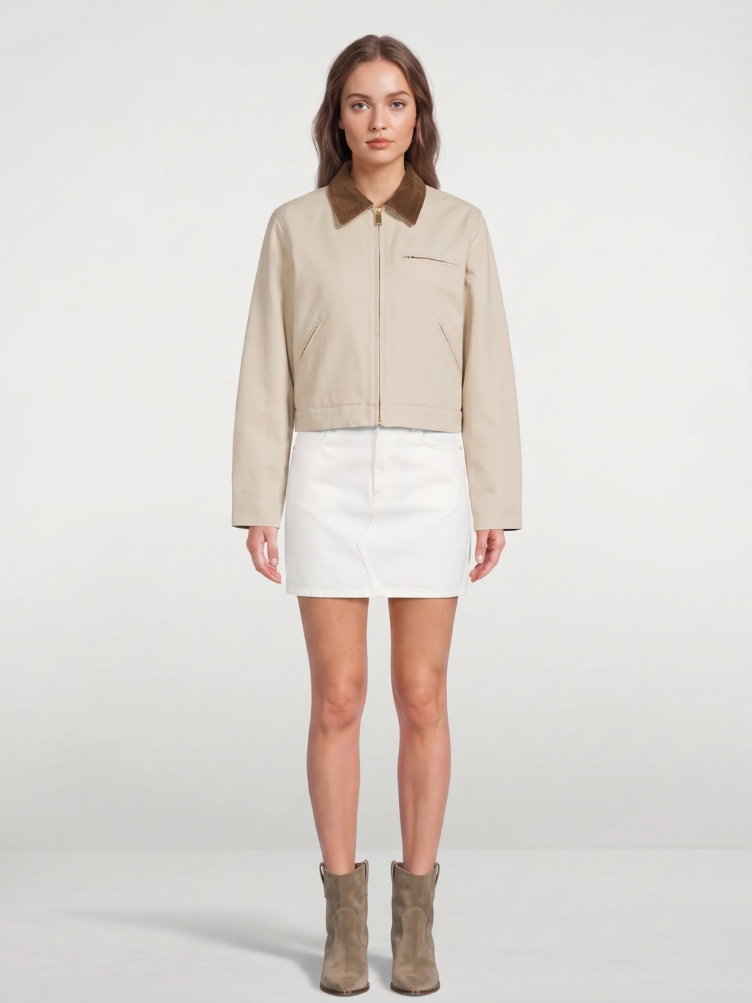 Sophia | Cropped Utility Jacket, Contrast Collar Zip-Up Autumn Coat