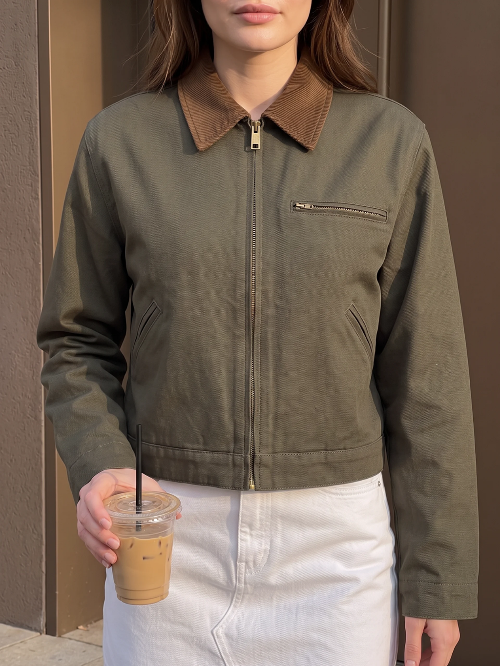 Sophia | Cropped Utility Jacket, Contrast Collar Zip-Up Autumn Coat