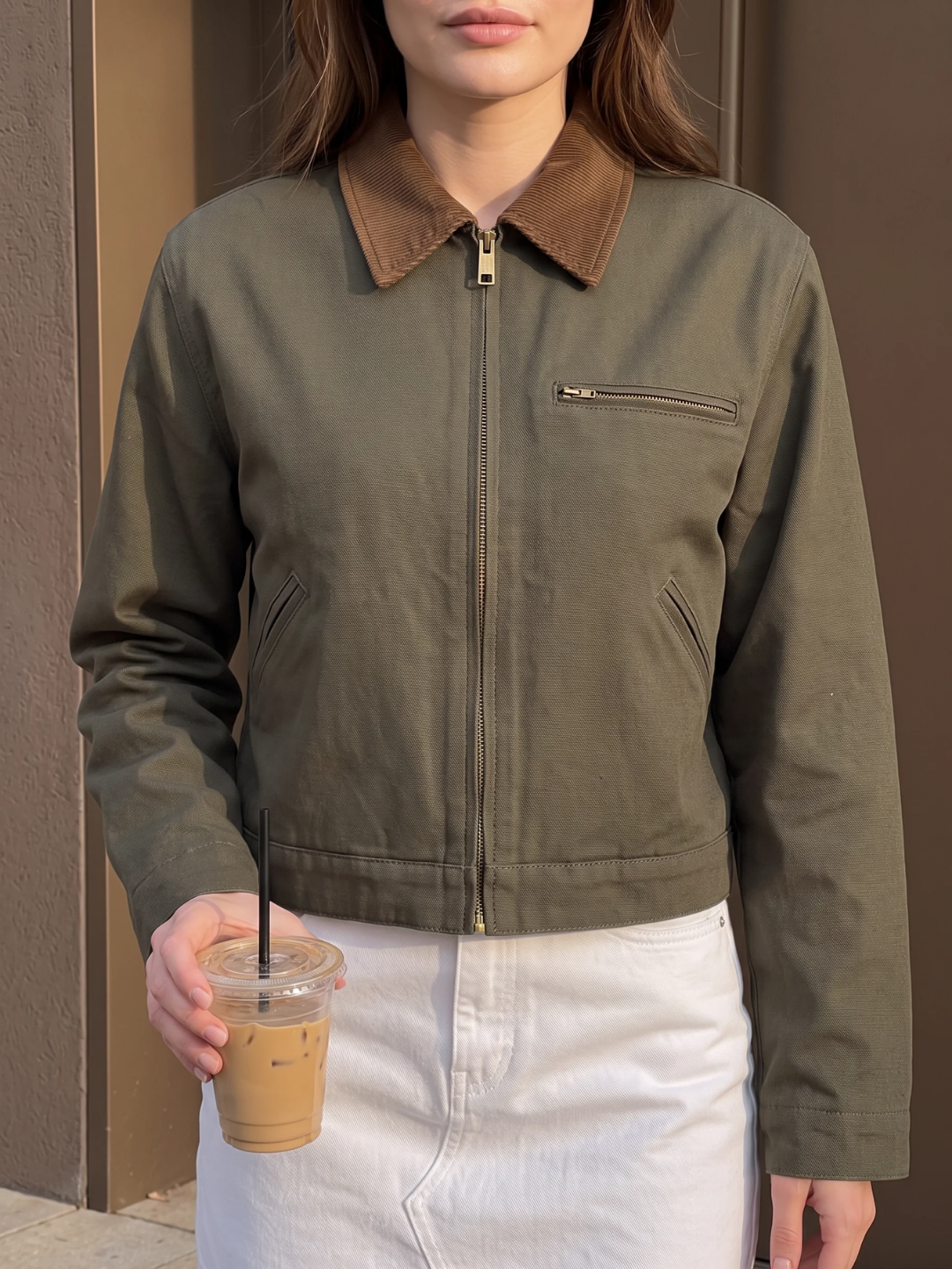 Sophia | Cropped Utility Jacket, Contrast Collar Zip-Up Autumn Coat