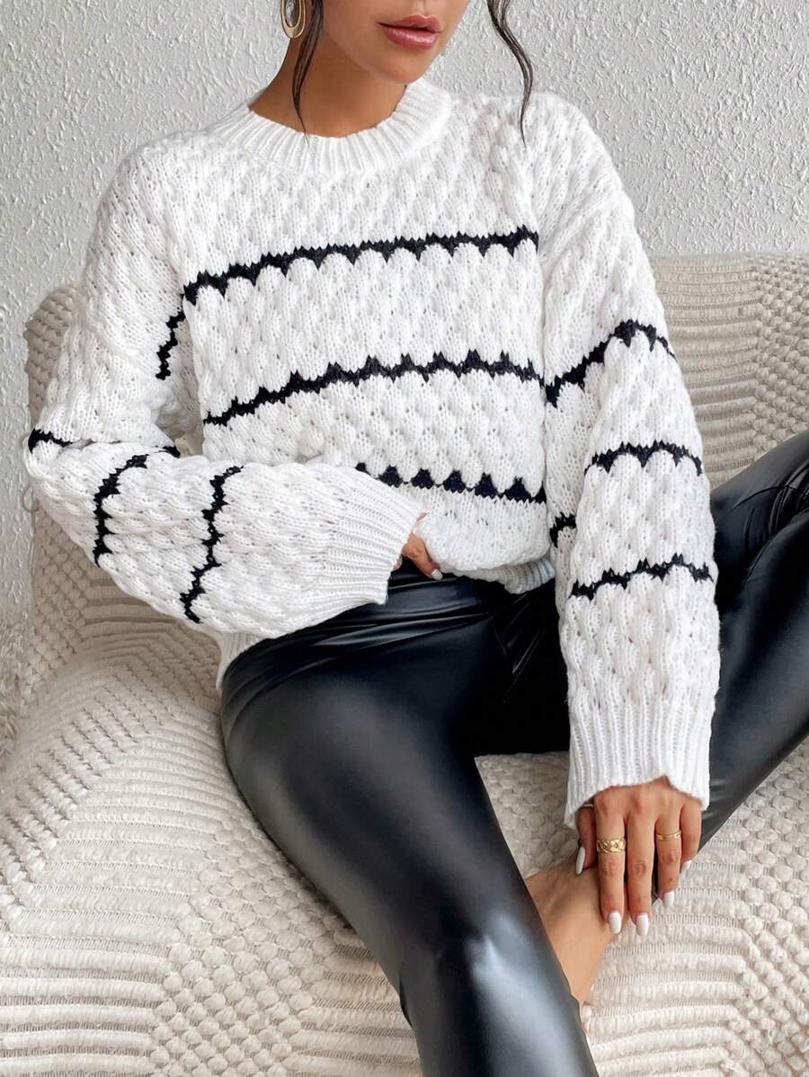 SHEIN Unity Striped Pattern Drop Shoulder Sweater,Long Sleeve Tops Knit Pullover Fall Winter Sweater