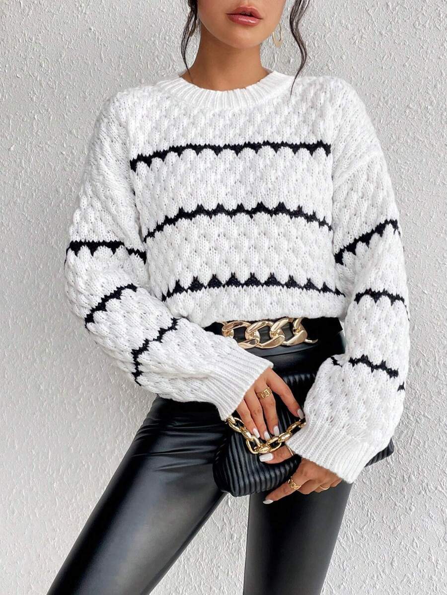 SHEIN Unity Striped Pattern Drop Shoulder Sweater,Long Sleeve Tops Knit Pullover Fall Winter Sweater