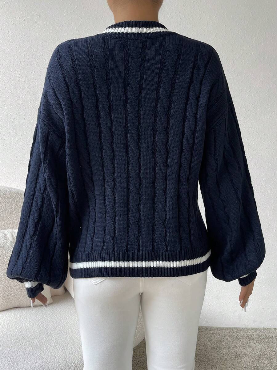 Sprig & Strand Striped Trim Cable Knit Drop Shoulder Sweater,Long Sleeve Tops Knit Pullover Fall Winter Sweater
