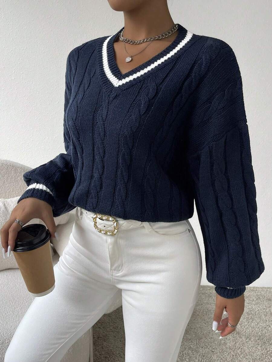 Sprig & Strand Striped Trim Cable Knit Drop Shoulder Sweater,Long Sleeve Tops Knit Pullover Fall Winter Sweater