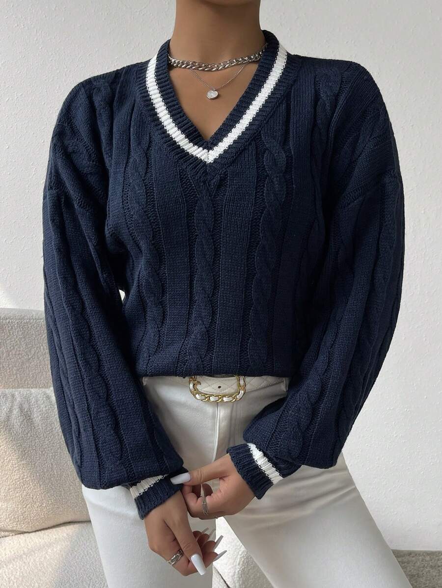 Sprig & Strand Striped Trim Cable Knit Drop Shoulder Sweater,Long Sleeve Tops Knit Pullover Fall Winter Sweater