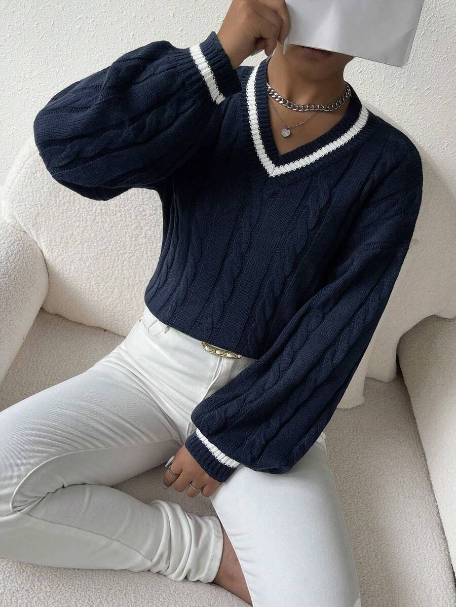 Sprig & Strand Striped Trim Cable Knit Drop Shoulder Sweater,Long Sleeve Tops Knit Pullover Fall Winter Sweater