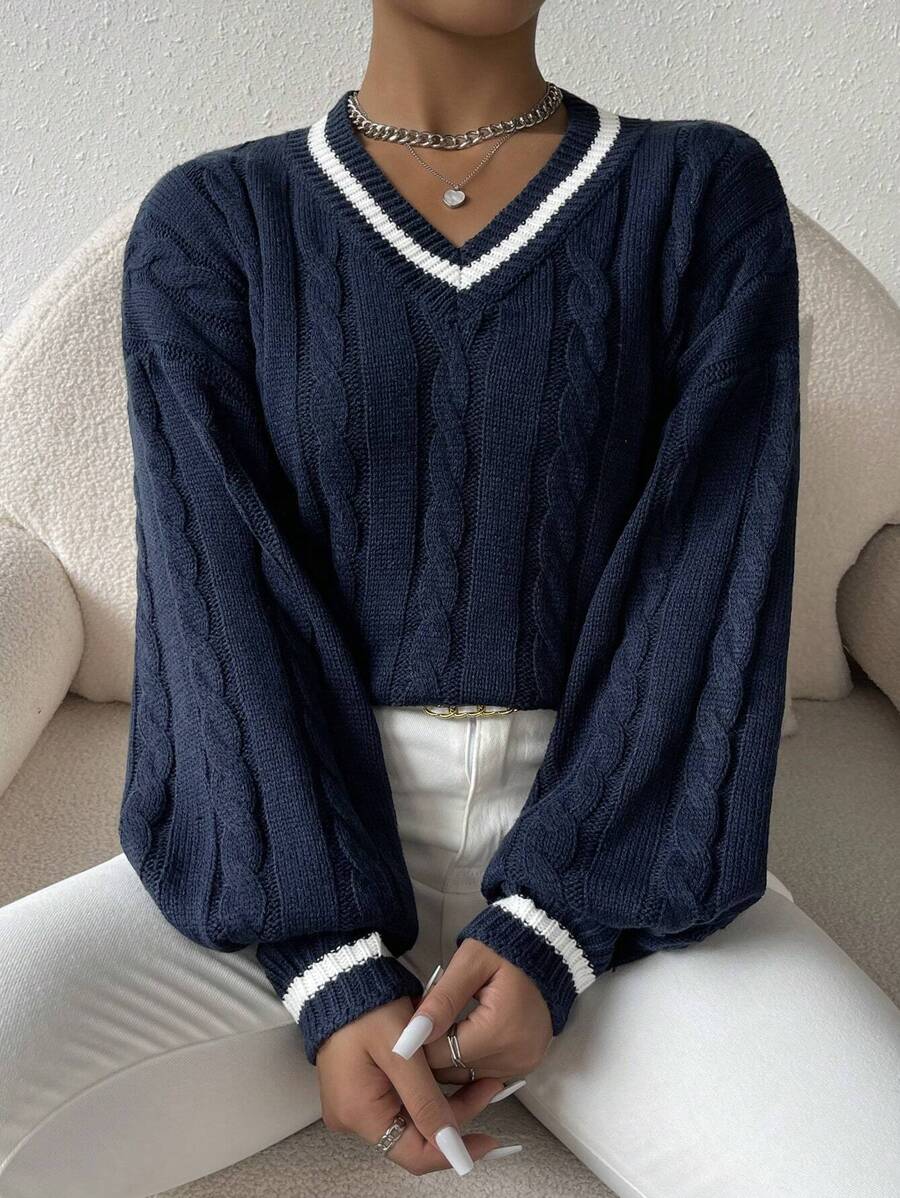 Sprig & Strand Striped Trim Cable Knit Drop Shoulder Sweater,Long Sleeve Tops Knit Pullover Fall Winter Sweater