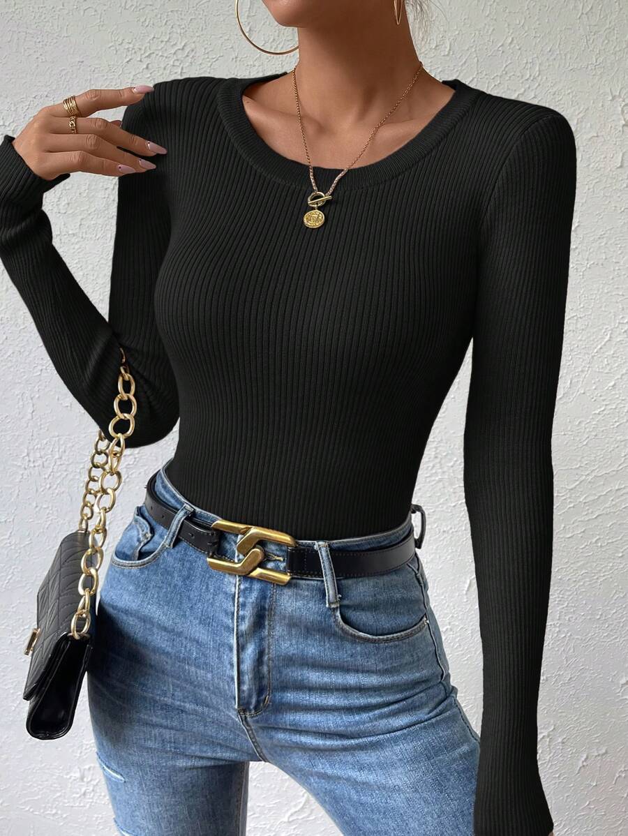 EMERY ROSE Solid Ribbed Knit Sweater,Long Sleeve Tops Knit Pullover Fall Winter Sweater
