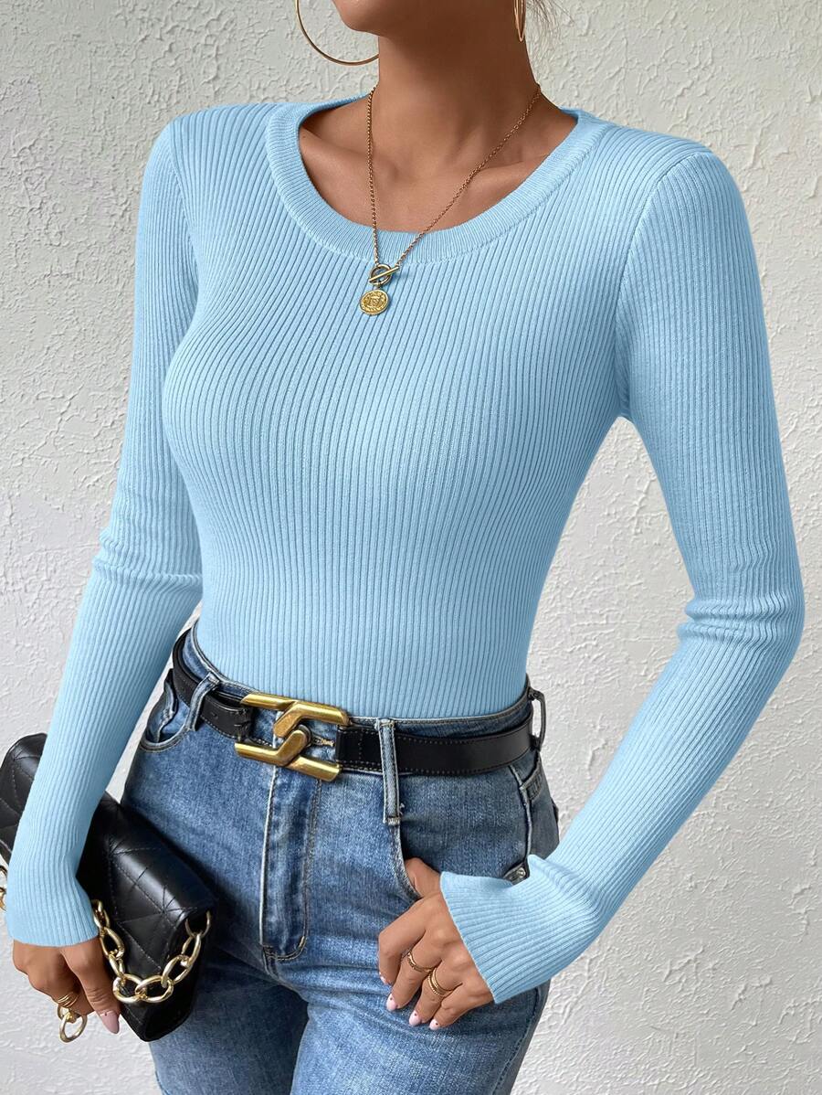 EMERY ROSE Solid Ribbed Knit Sweater,Long Sleeve Tops Knit Pullover Fall Winter Sweater