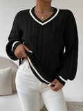 Sprig & Strand Striped Trim Cable Knit Drop Shoulder Sweater,Long Sleeve Tops Knit Pullover Fall Winter Sweater