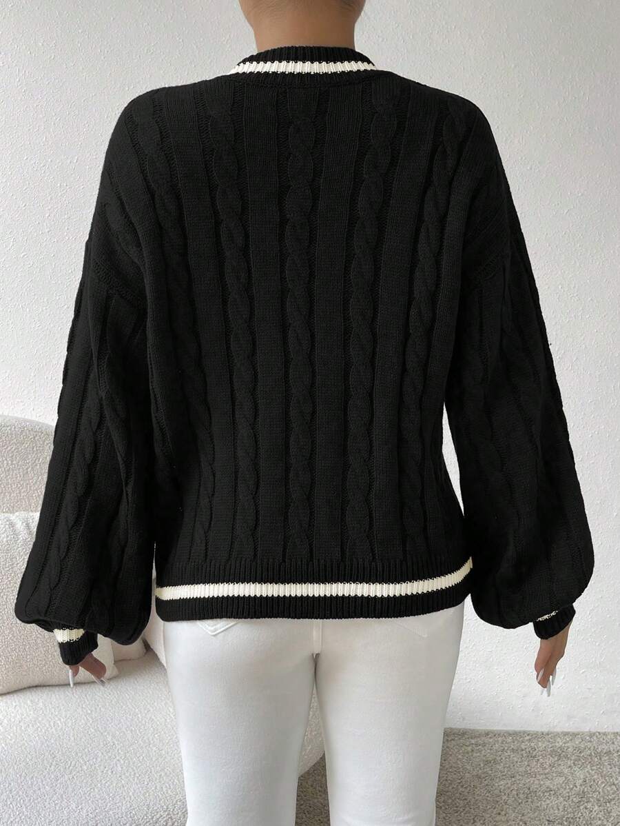 Sprig & Strand Striped Trim Cable Knit Drop Shoulder Sweater,Long Sleeve Tops Knit Pullover Fall Winter Sweater