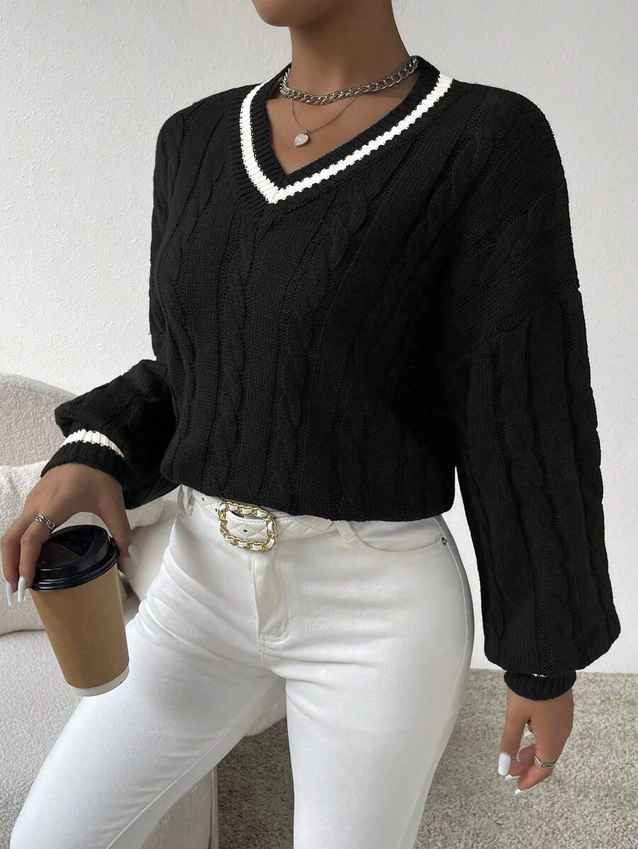 Sprig & Strand Striped Trim Cable Knit Drop Shoulder Sweater,Long Sleeve Tops Knit Pullover Fall Winter Sweater