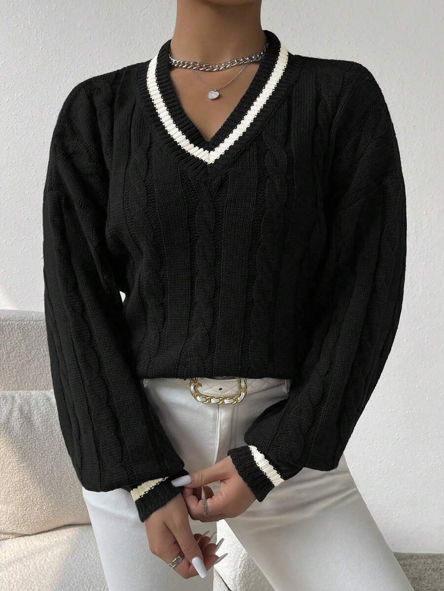 Sprig & Strand Striped Trim Cable Knit Drop Shoulder Sweater,Long Sleeve Tops Knit Pullover Fall Winter Sweater