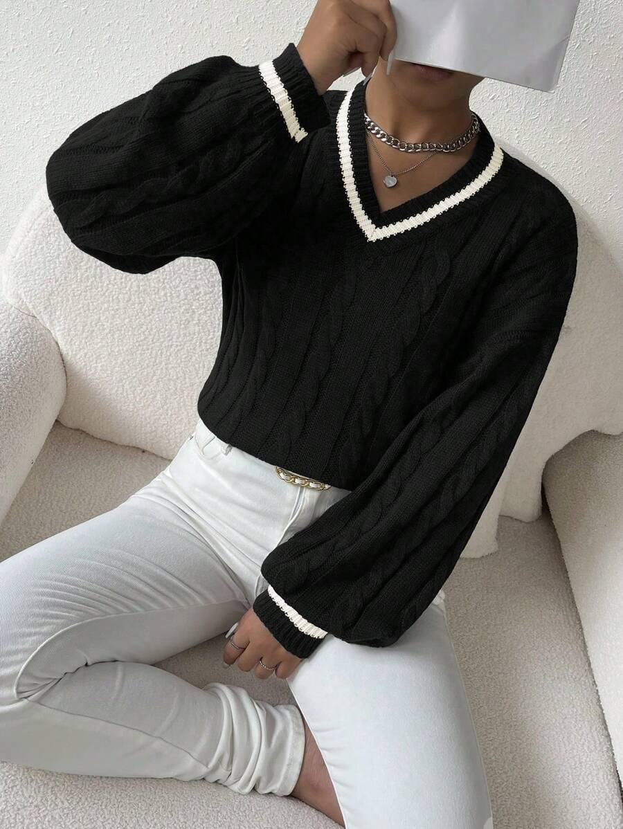 Sprig & Strand Striped Trim Cable Knit Drop Shoulder Sweater,Long Sleeve Tops Knit Pullover Fall Winter Sweater