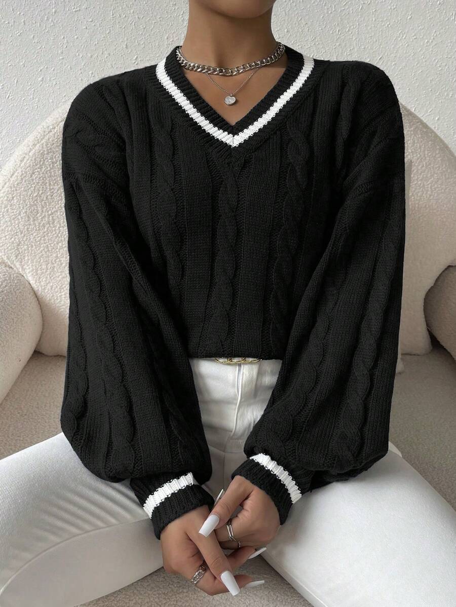Sprig & Strand Striped Trim Cable Knit Drop Shoulder Sweater,Long Sleeve Tops Knit Pullover Fall Winter Sweater