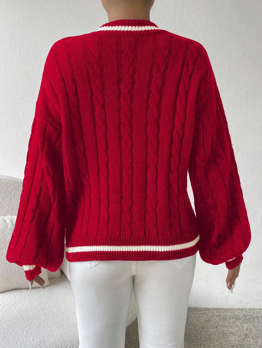 Sprig & Strand Striped Trim Cable Knit Drop Shoulder Sweater,Long Sleeve Tops Knit Pullover Fall Winter Sweater