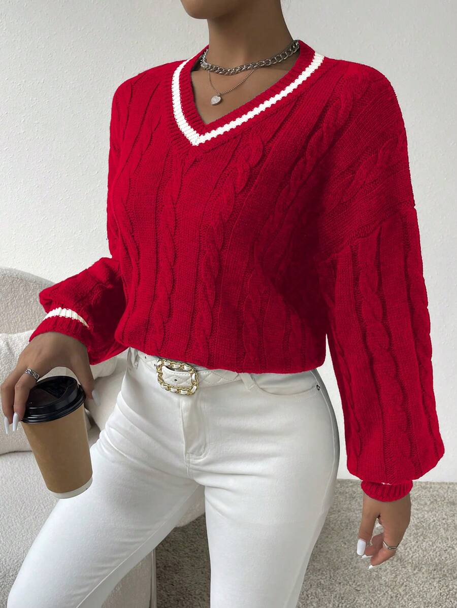 Sprig & Strand Striped Trim Cable Knit Drop Shoulder Sweater,Long Sleeve Tops Knit Pullover Fall Winter Sweater