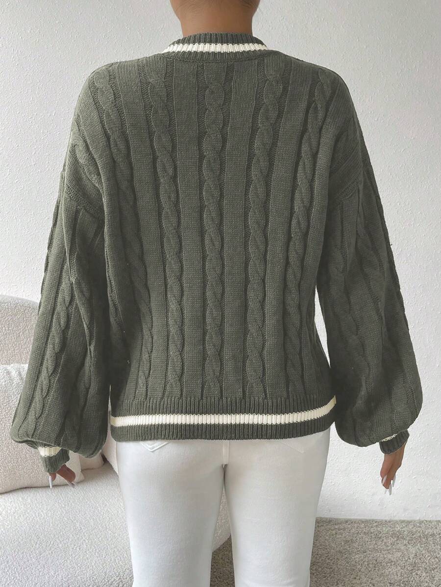 Sprig & Strand Striped Trim Cable Knit Drop Shoulder Sweater,Long Sleeve Tops Knit Pullover Fall Winter Sweater