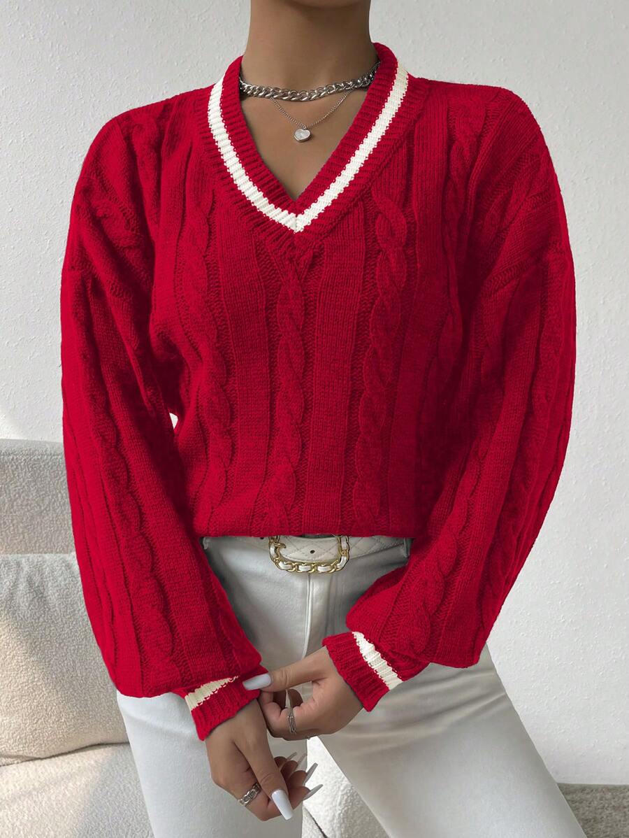 Sprig & Strand Striped Trim Cable Knit Drop Shoulder Sweater,Long Sleeve Tops Knit Pullover Fall Winter Sweater