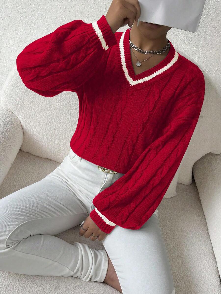 Sprig & Strand Striped Trim Cable Knit Drop Shoulder Sweater,Long Sleeve Tops Knit Pullover Fall Winter Sweater
