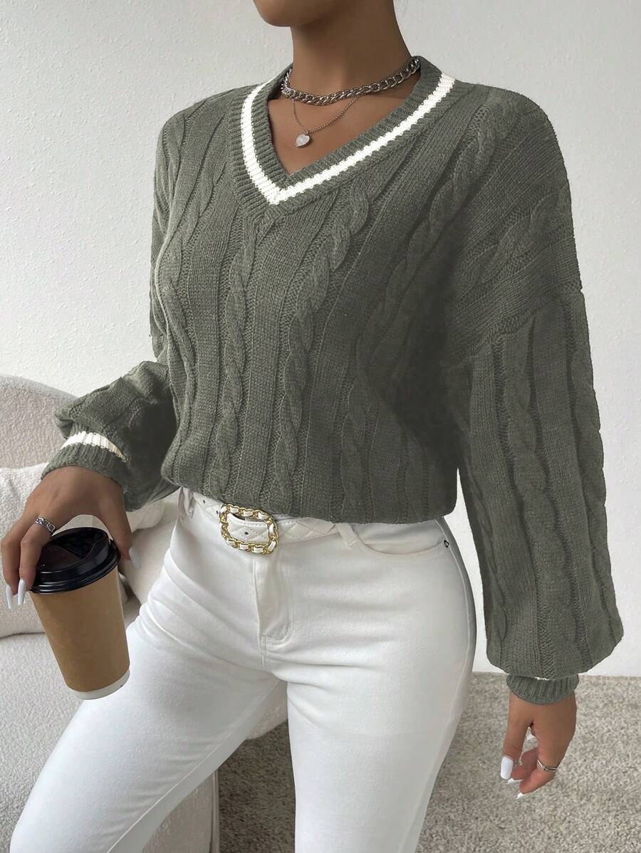 Sprig & Strand Striped Trim Cable Knit Drop Shoulder Sweater,Long Sleeve Tops Knit Pullover Fall Winter Sweater