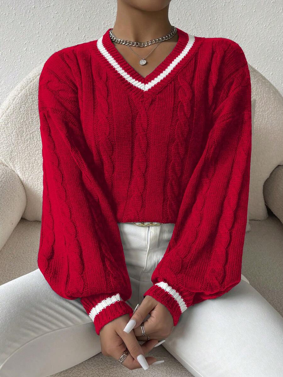 Sprig & Strand Striped Trim Cable Knit Drop Shoulder Sweater,Long Sleeve Tops Knit Pullover Fall Winter Sweater