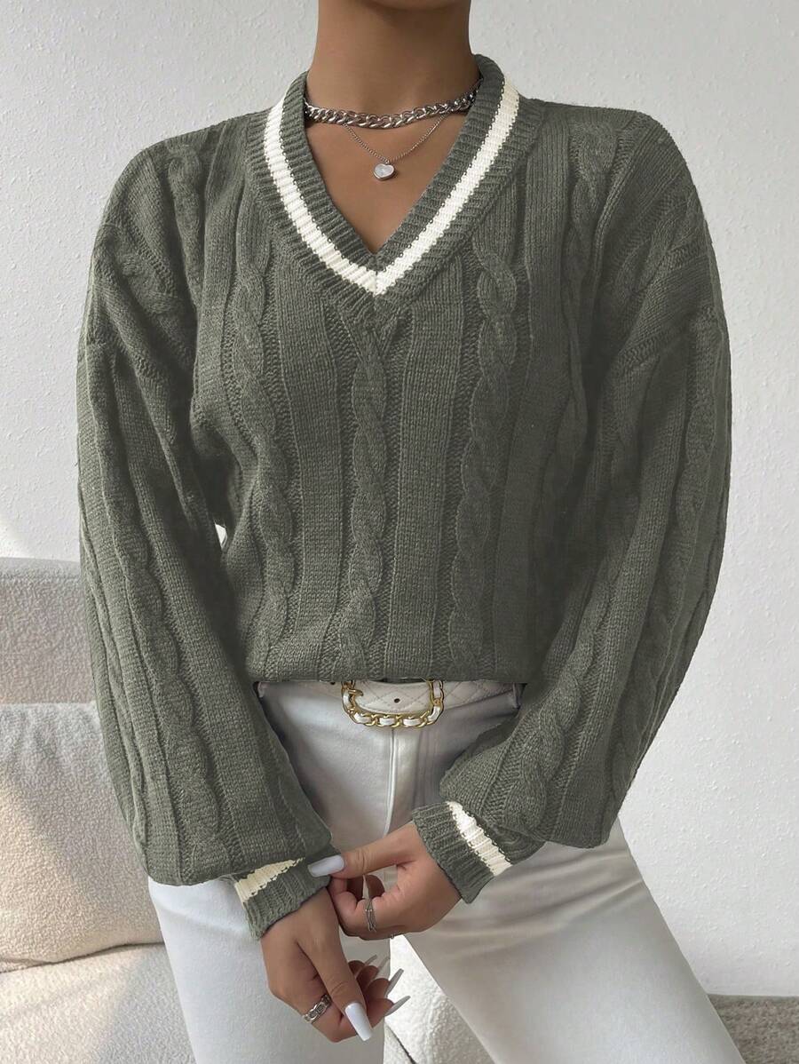 Sprig & Strand Striped Trim Cable Knit Drop Shoulder Sweater,Long Sleeve Tops Knit Pullover Fall Winter Sweater