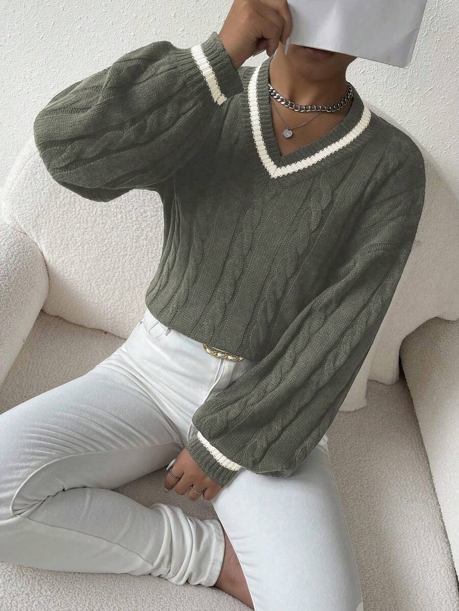 Sprig & Strand Striped Trim Cable Knit Drop Shoulder Sweater,Long Sleeve Tops Knit Pullover Fall Winter Sweater