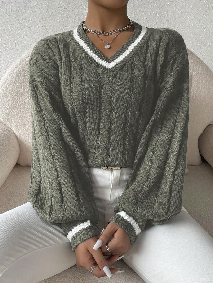Sprig & Strand Striped Trim Cable Knit Drop Shoulder Sweater,Long Sleeve Tops Knit Pullover Fall Winter Sweater