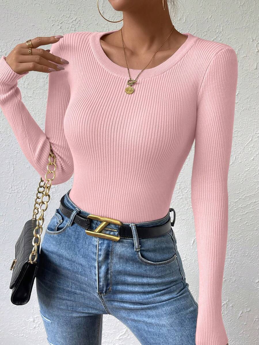 EMERY ROSE Solid Ribbed Knit Sweater,Long Sleeve Tops Knit Pullover Fall Winter Sweater