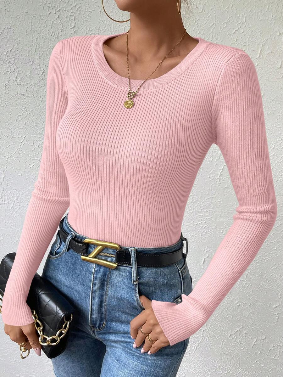 EMERY ROSE Solid Ribbed Knit Sweater,Long Sleeve Tops Knit Pullover Fall Winter Sweater