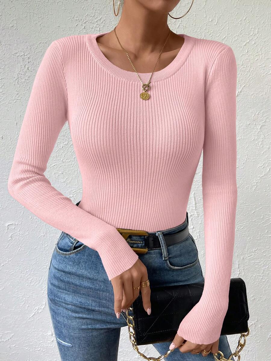 EMERY ROSE Solid Ribbed Knit Sweater,Long Sleeve Tops Knit Pullover Fall Winter Sweater