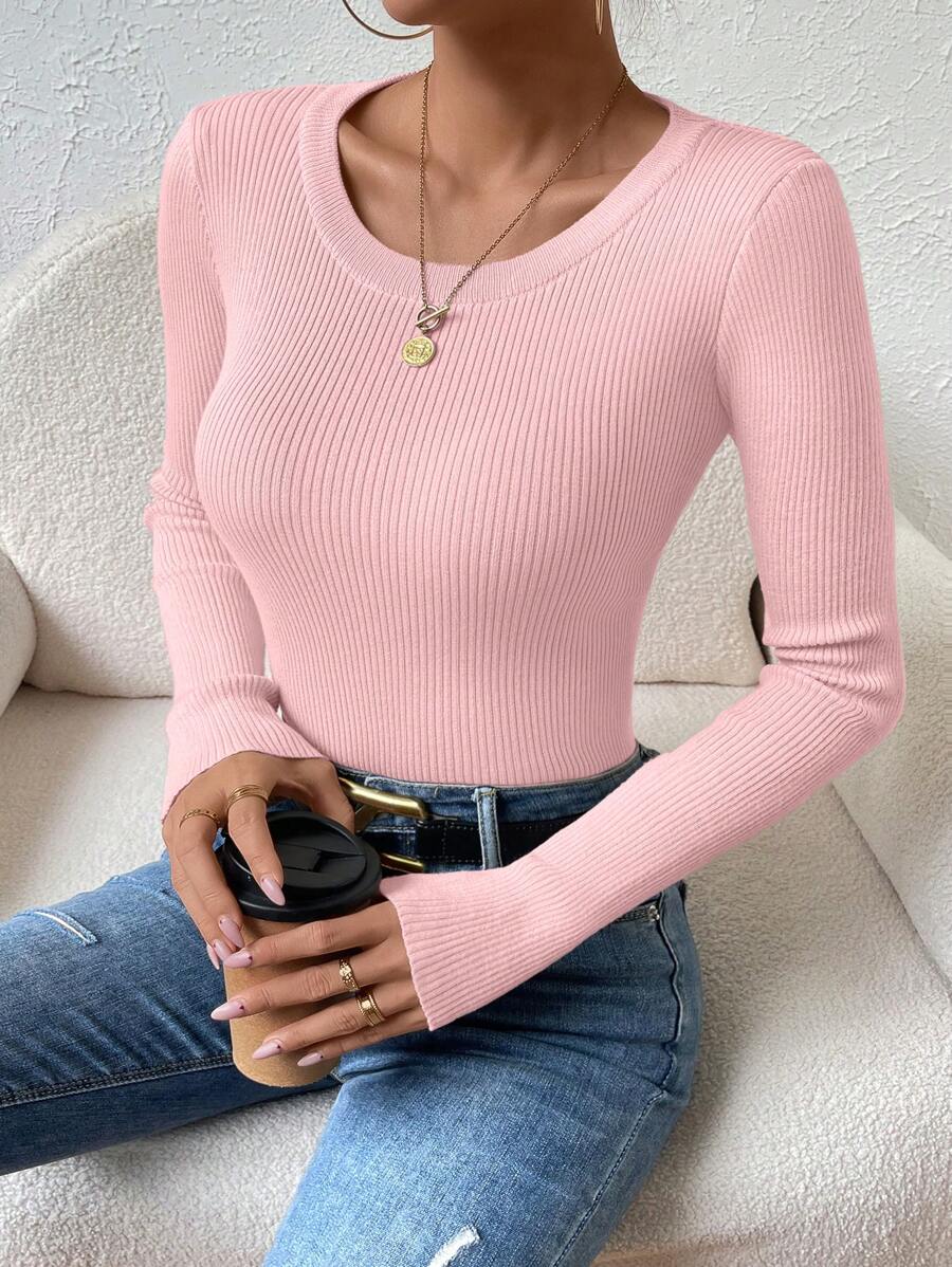 EMERY ROSE Solid Ribbed Knit Sweater,Long Sleeve Tops Knit Pullover Fall Winter Sweater