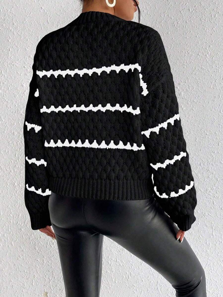SHEIN Unity Striped Pattern Drop Shoulder Sweater,Long Sleeve Tops Knit Pullover Fall Winter Sweater